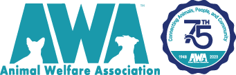 Logo for the 75th anniversary of Animal Welfare Association, or AWA.