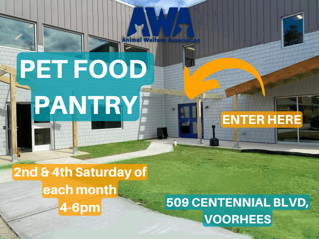 Flyer for Animal Welfare Association Pet Food Pantry outreach program.