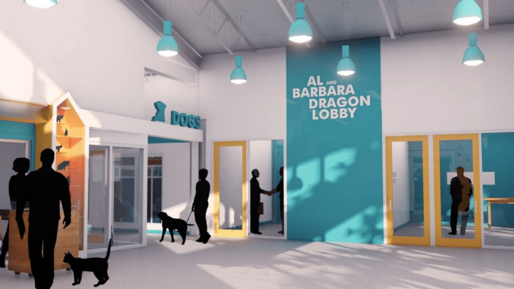 digital mockup of the design of AWA's new Adoption Center Lobby.