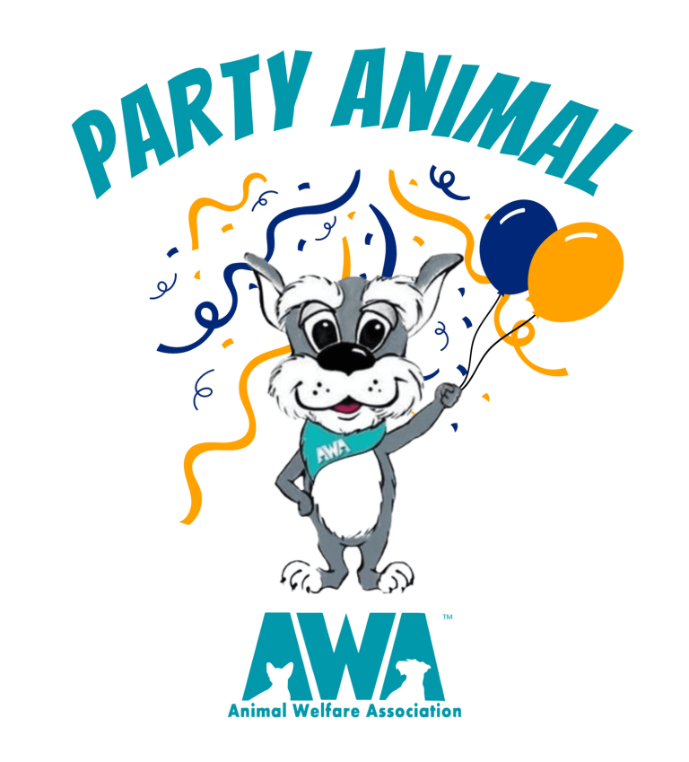 Animal Welfare Association birthday party logo with scout the mascot.