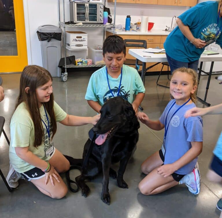 Children sitting and petting black labrador dog during AWA Summer Camp.