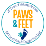 Circle with logo for AWA paws and feet 5k and doggie fun day.