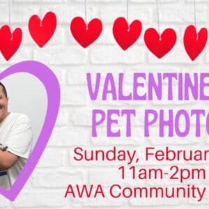 Man holding dog on banner for AWA Pet Valentine's Photos event.