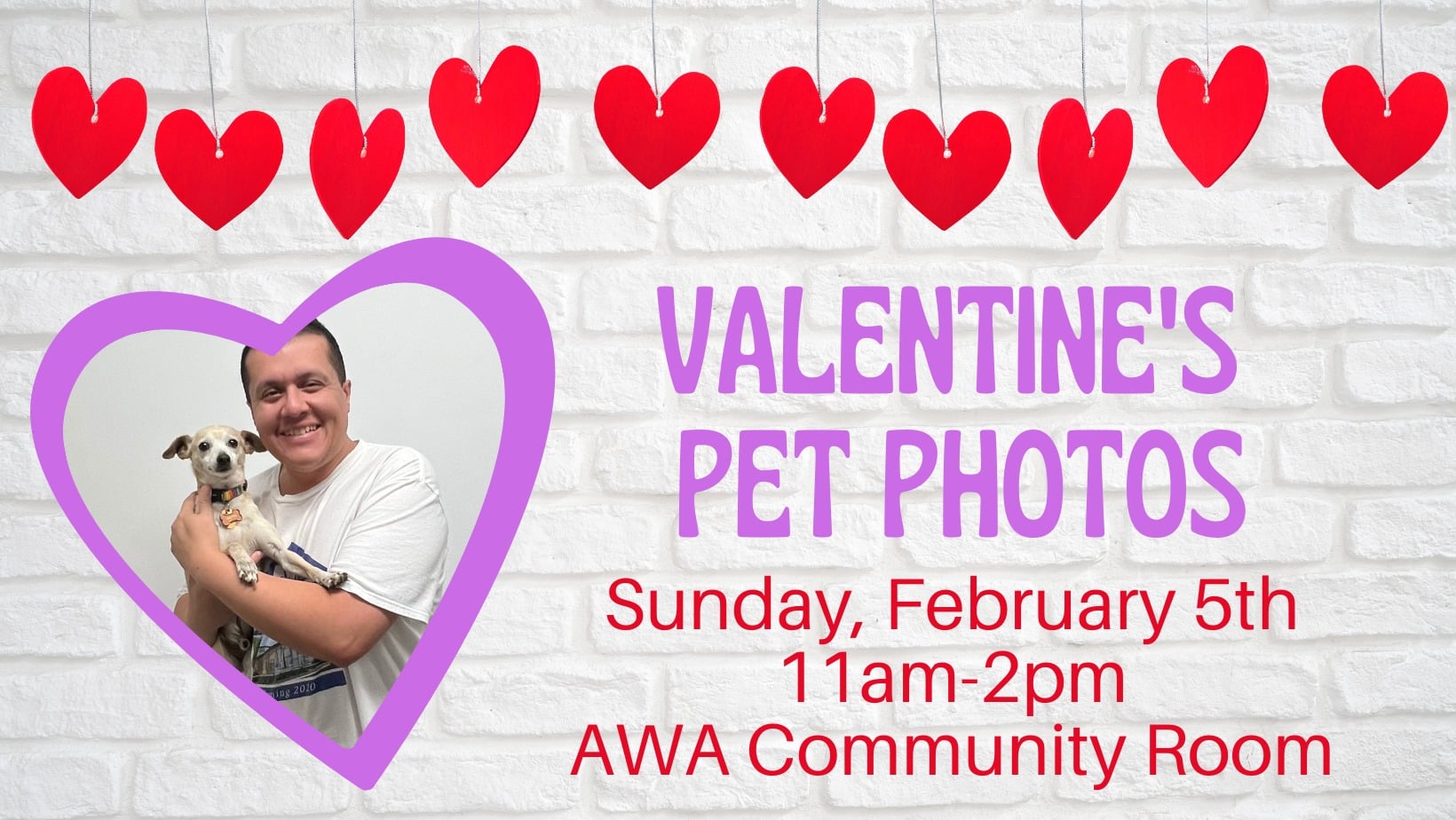 Man holding dog on banner for AWA Pet Valentine's Photos event.