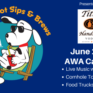 dog sitting on chair with drink on flyer for AWA's Barking lot Sips and Brews event.