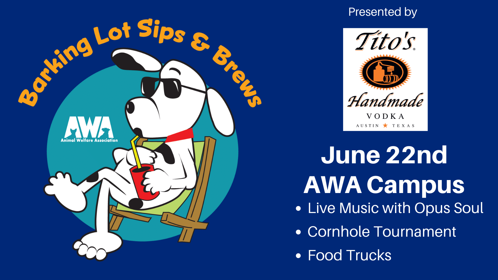dog sitting on chair with drink on flyer for AWA's Barking lot Sips and Brews event.