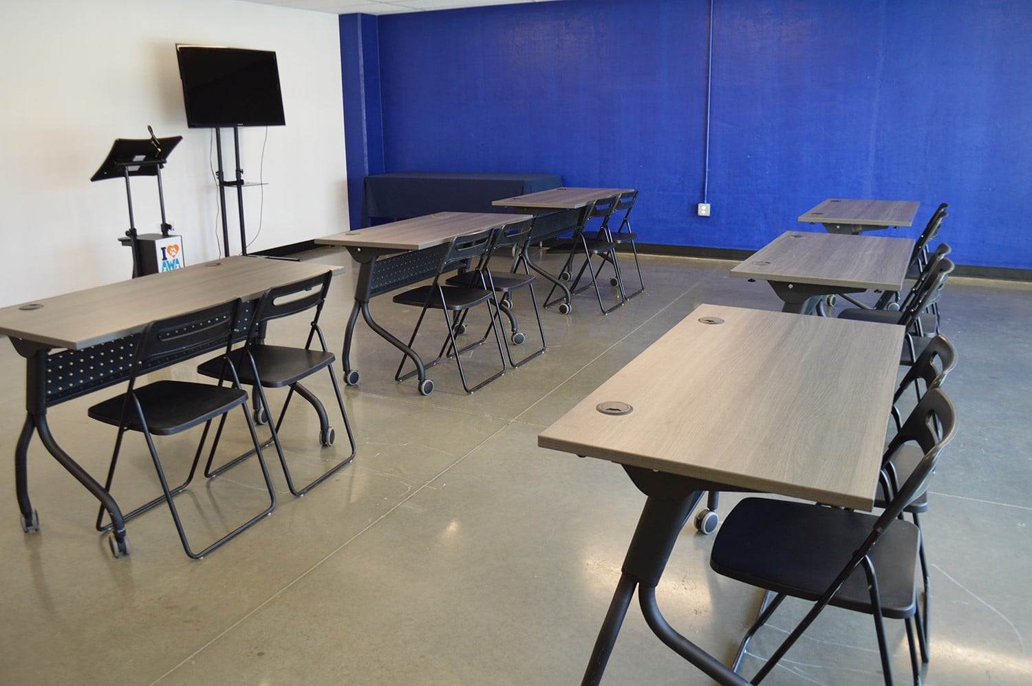 Animal Welfare Association Community Room setup with desks and chairs for event rental
