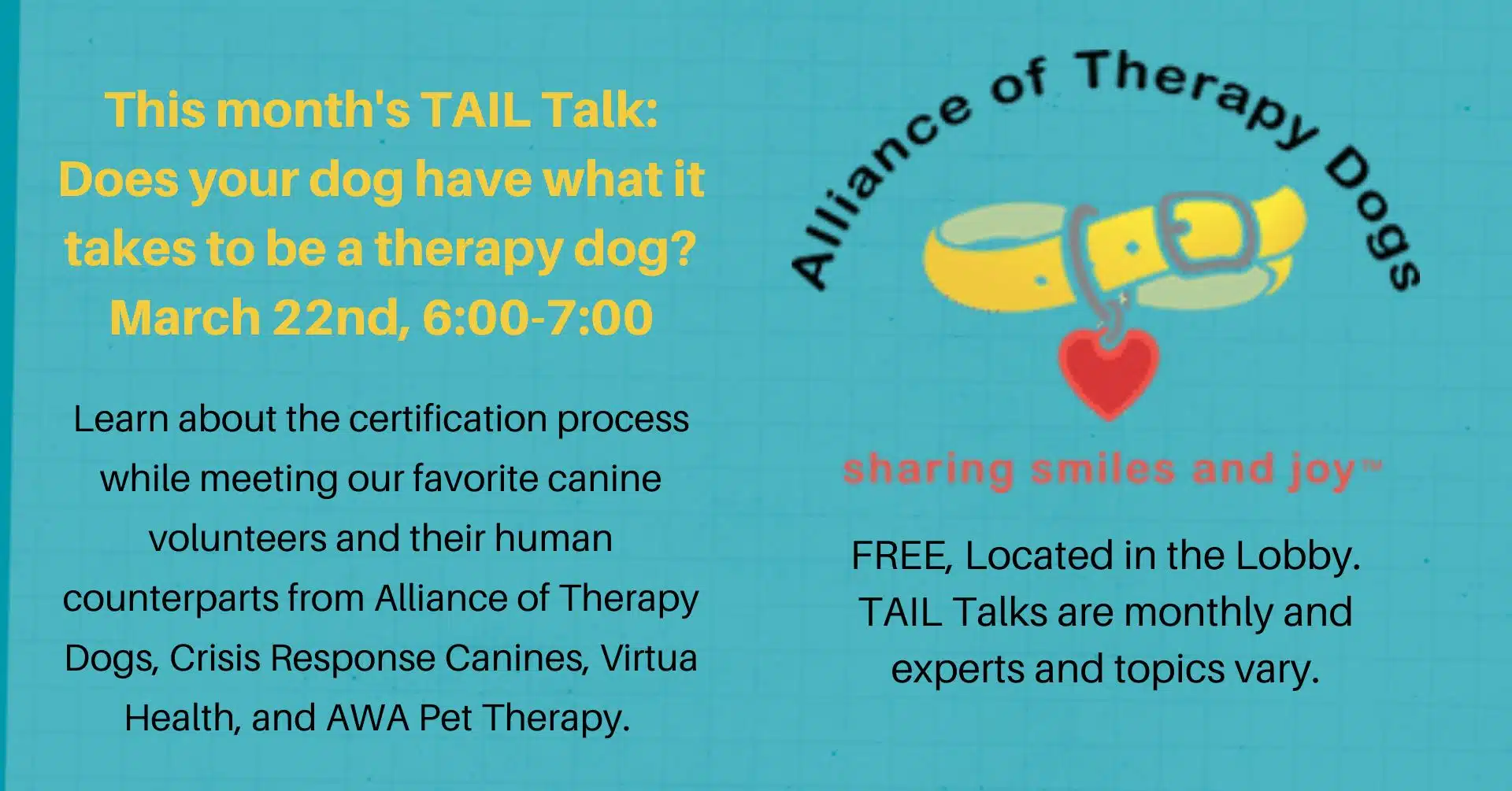 Flyer for Animal Welfare Associations March 2023 Tail Talk forum on therapy dogs.
