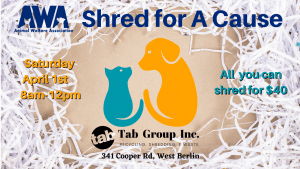 Flyer for Animal Welfare Association's Shred for a Cause event on April 1.