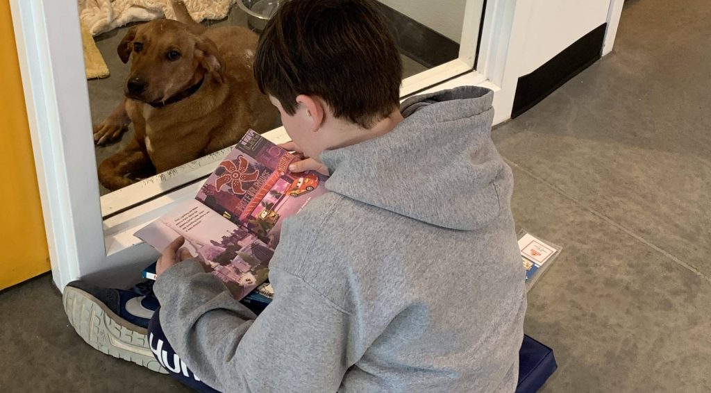 Child reading book to dog at Animal Welfare Association in Voorhees NJ