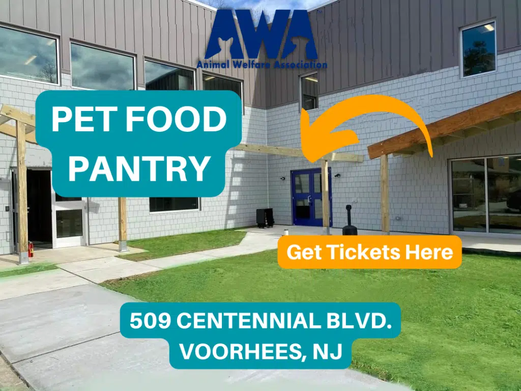 Diagram showing entrance to receive free pet food at Animal Welfare Association's Pet Food Pantry events.