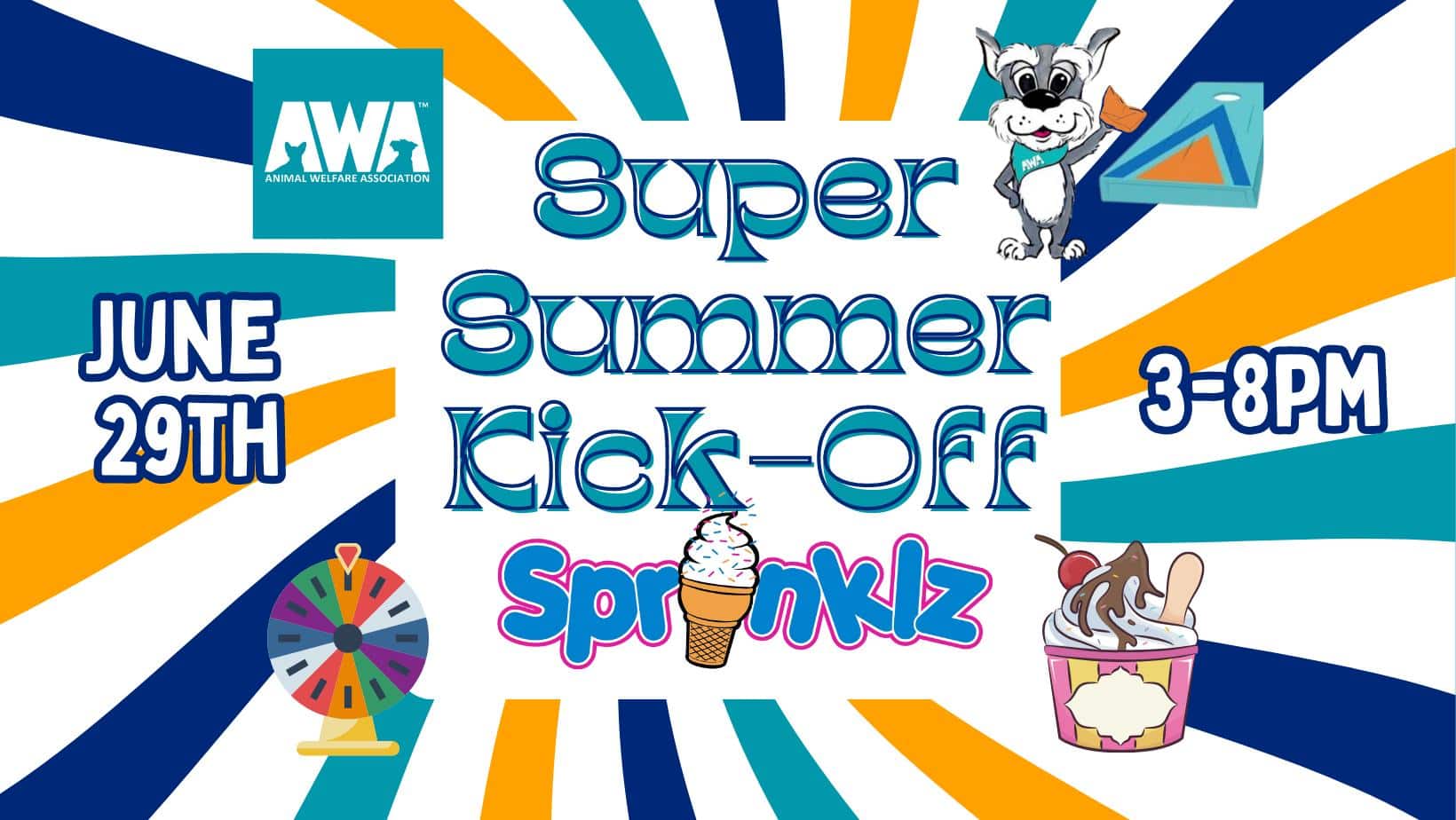 Flyer for Animal Welfare Association's Super Summer Kickoff event at Sprinklz.