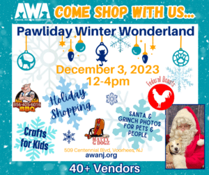 Flyer with information on AWA's Pawliday Winter Wonderland on December 3, 2023.