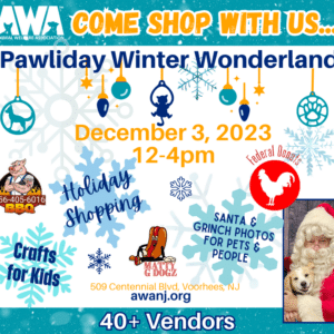 Flyer with information on AWA's Pawliday Winter Wonderland on December 3, 2023.