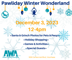 Flyer with information on AWA's Pawliday Winter Wonderland on Sunday, December 3rd 2023.