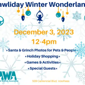 Flyer with information on AWA's Pawliday Winter Wonderland on Sunday, December 3rd 2023.