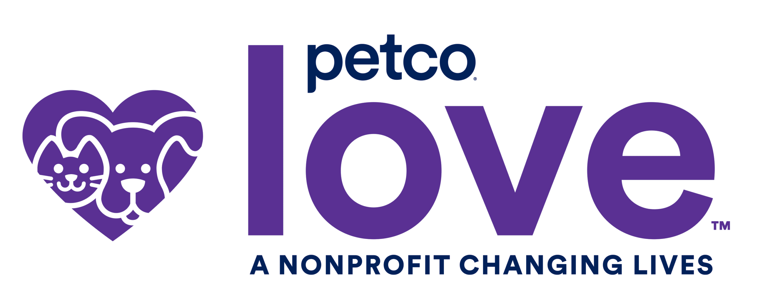 Purple logo with heart for Petco Love.