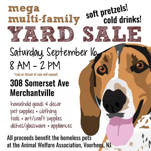 Flyer with hound dog promoting Yard Sale benefitting AWA.