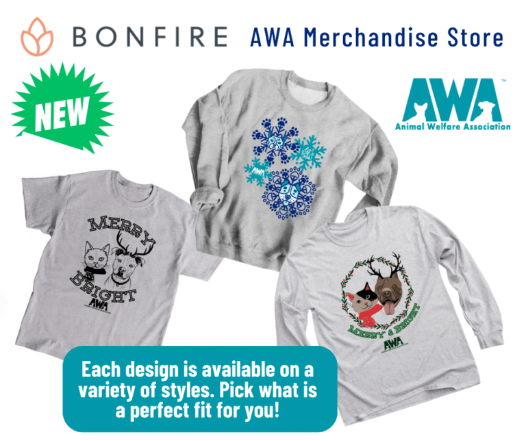 Ad for t shirts with Animal Welfare Association designs through Bonfire.