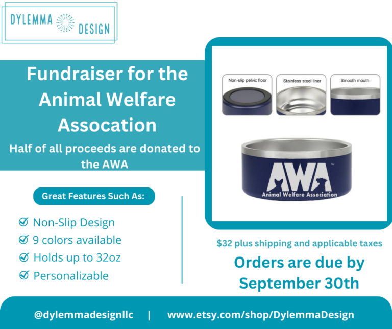 Flyer with details on fundraiser for Animal Welfare Association selling customized pet bowls.