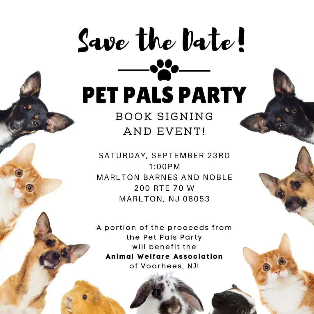 Flyer with dogs around border promoting Pet Pals Party book signing.