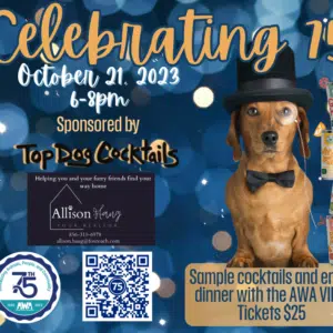 Flyer with dog wearing top hat and monocle promoting Animal Welfare Association's 75th Anniversary Cocktail Reception.