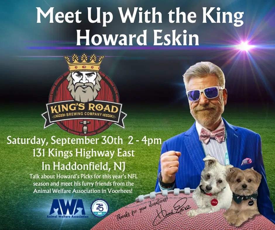 Flyer with Howard Eskin, dogs and a football promoting Animal Welfare Association event at King's Road Brewing.