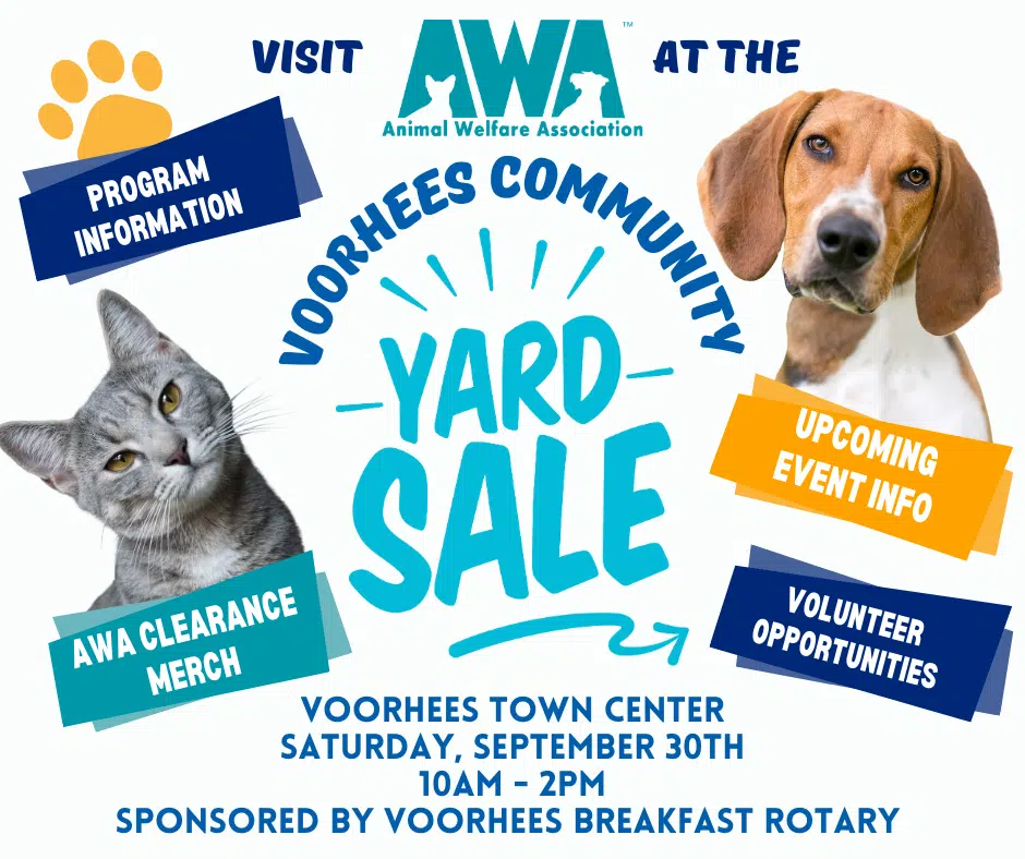 Flyer for Voorhees Community Yard Sale with cat and dog.