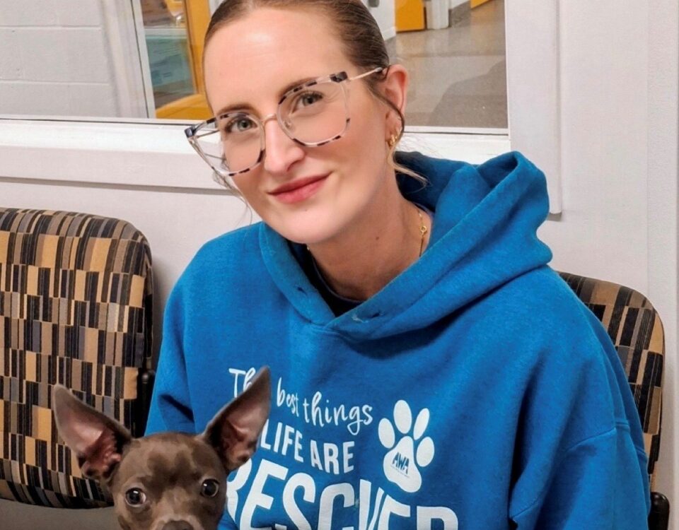 Caucasian woman with glasses and slicked back light hair holding a brown chihuahua wearing a pineapple jacket