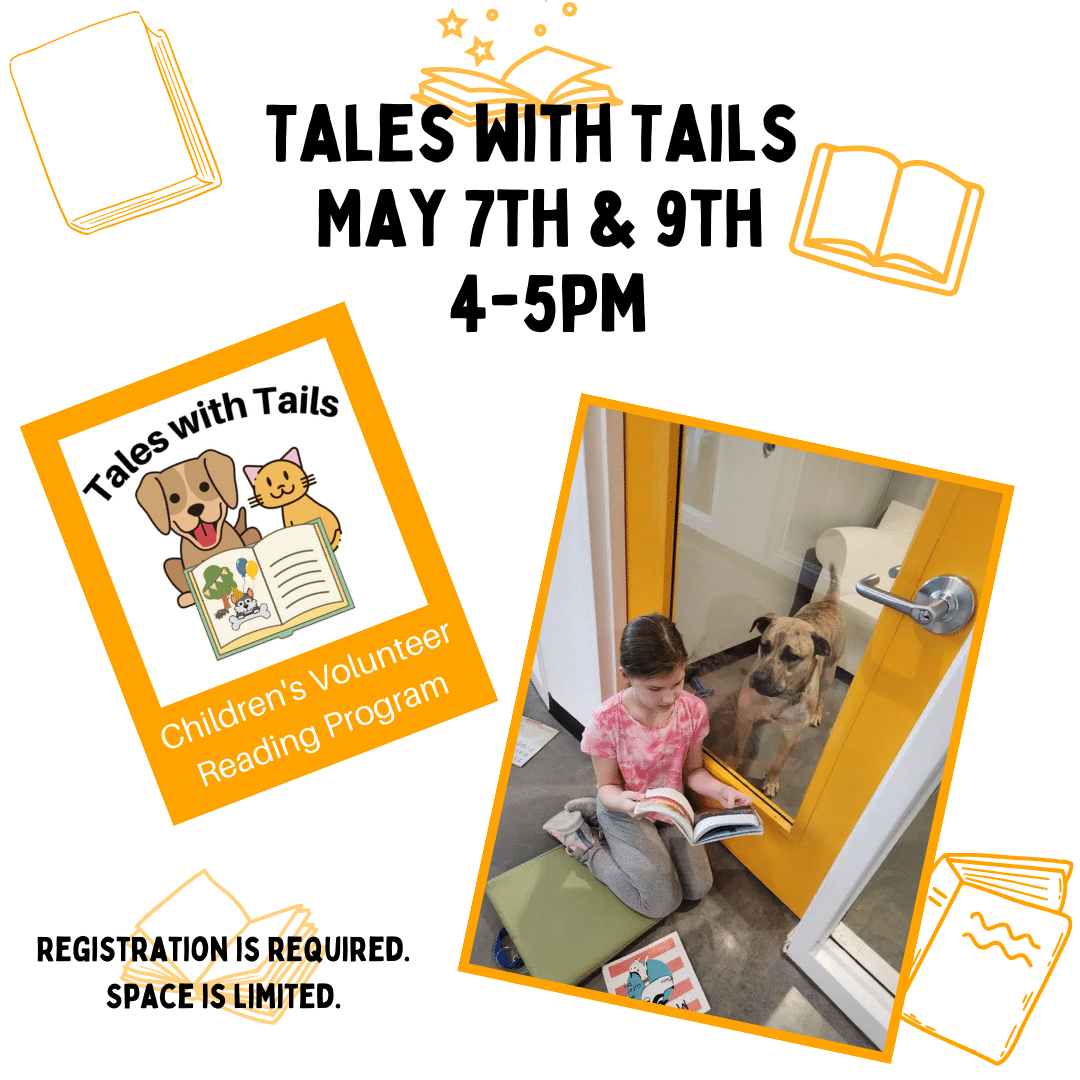 Child reading to dog on flyer for AWA's Tales With Tails events may 7th and 9th 2024.