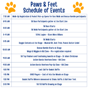Schedule of events at 2024 AWA Paws & Feet event.