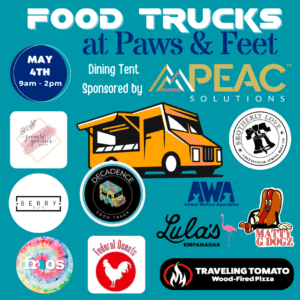 Flyer listing food trucks for AWA Paws & Feet 2024