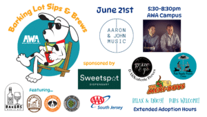 Flyer for June 2024 Barking Lot Sips and Brews event at AWA Friday, June 21st at 5:30pm,