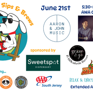 Flyer for June 2024 Barking Lot Sips and Brews event at AWA Friday, June 21st at 5:30pm,