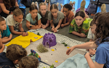 Group of young teens gathered around an area for a rabbit.