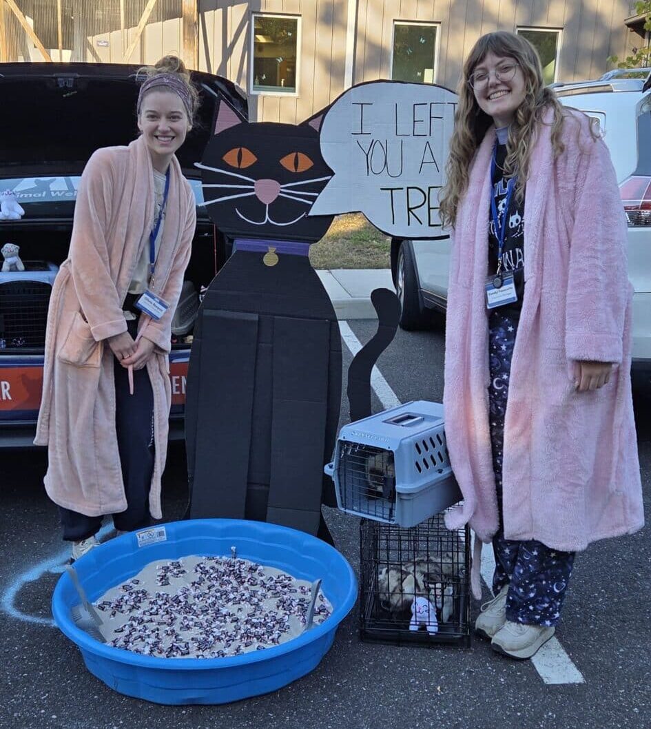 Two young caucasian women in pink bathrobes stand behind a small plastic pool that is filled with sand and tootsie rolls