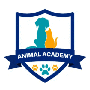 Animal Academy logo - teal dog outline, yellow cat outline inside of a blue shield with teal and yellow pawprints