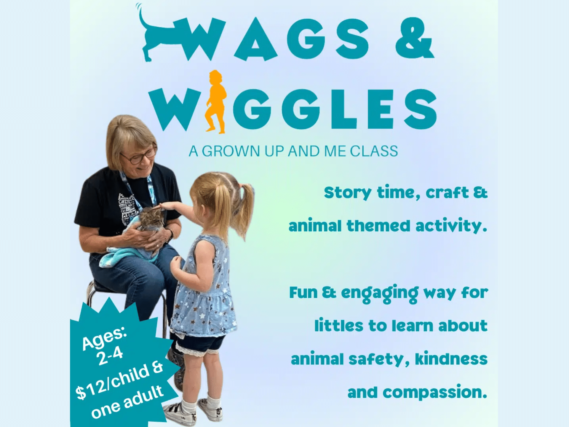 woman holding cat being pet by child on flyer promoting Animal Welfare Association's Wags and Wiggles toddler classes.