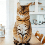 brown tabby cat with mean expression sitting on a kitchen table